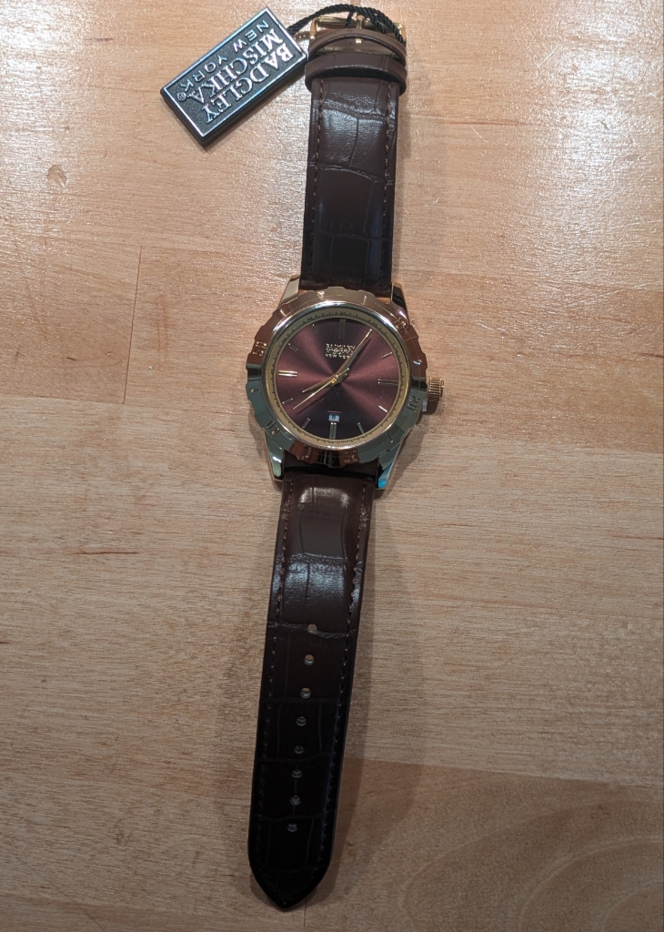 New! Badgley Mischka NY Brown Leather Strap Men's Watch with Gold-Tone Casing
